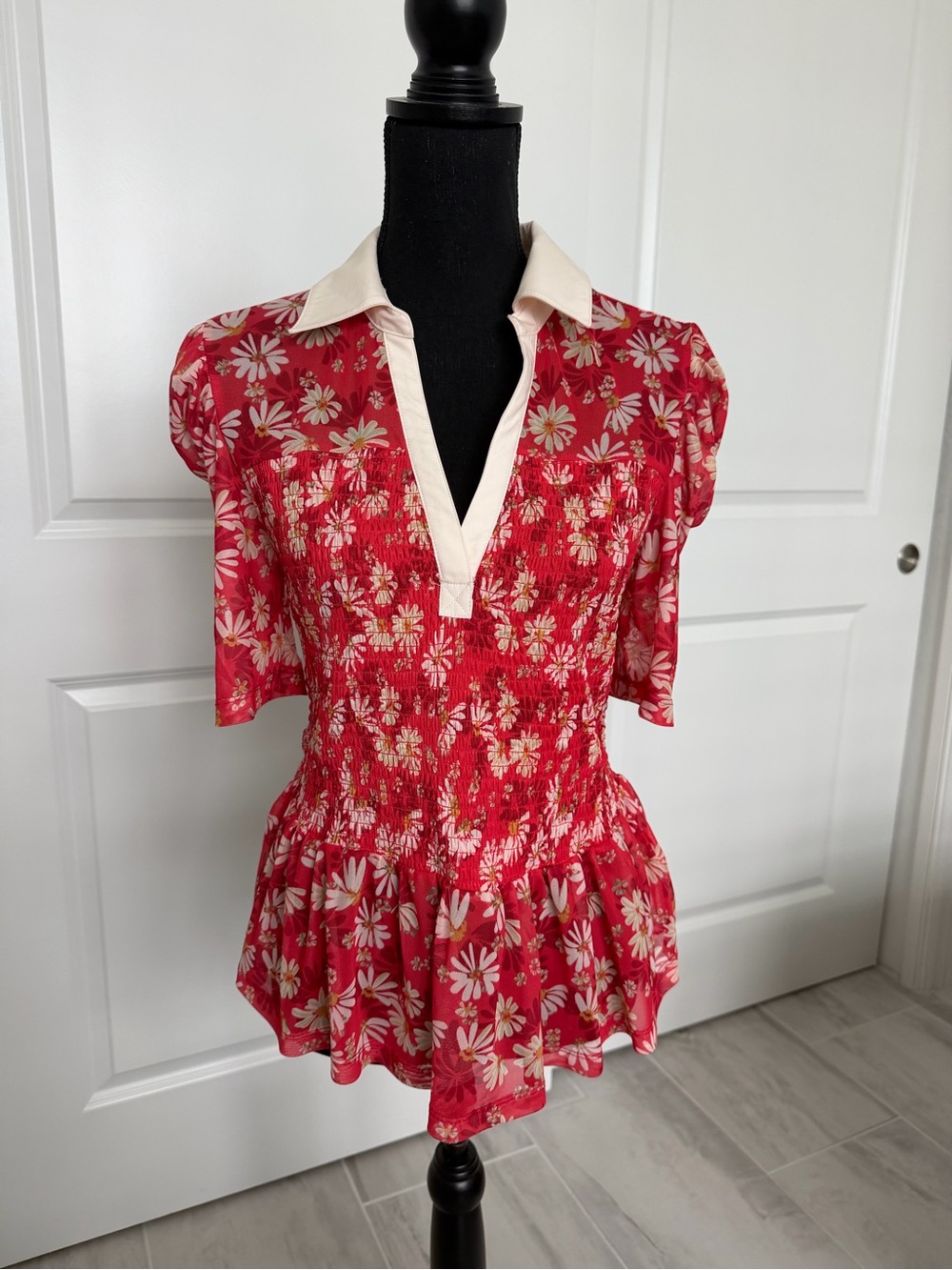 Maeve Red Floral Smocked Peplum Top with Cream Collar - L